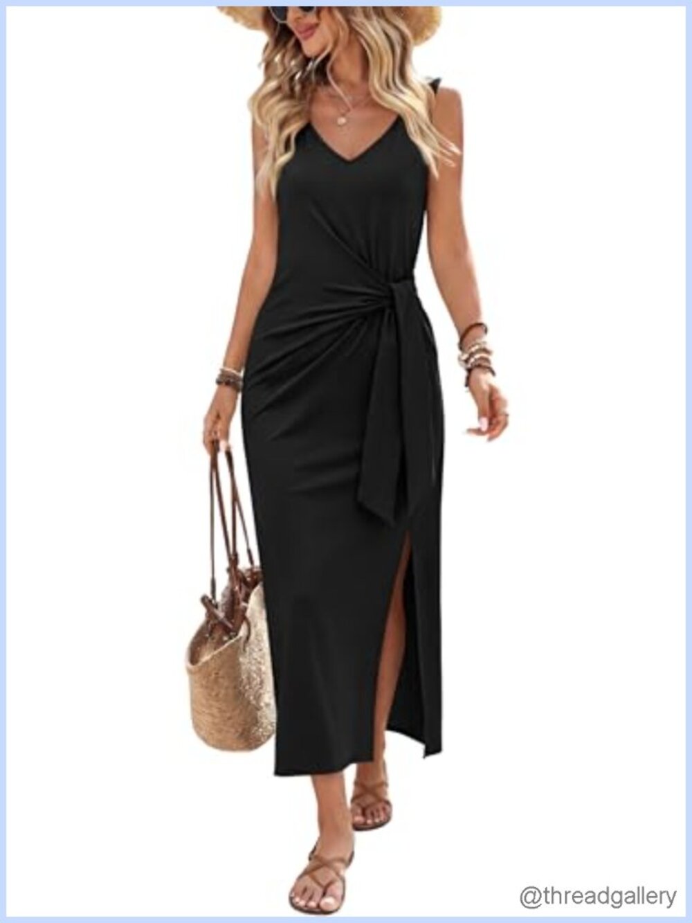 Womens V Neck Sleeveless Midi Dress Tie Waist Side Slit Wrap Casual